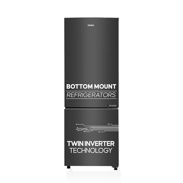 Haier 237 L, 3 Star, 8 In 1 Convertible, Twin Inverter Technology, Bottom Mounted Frost Free Double Door Refrigerator (HEB-243GB-P, GE Black)